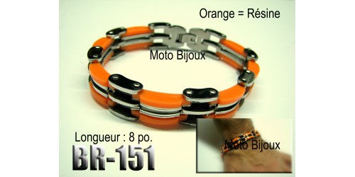 Br-151, Bracelet  chaîne Acier inoxidable « stainless steel » résine orange
